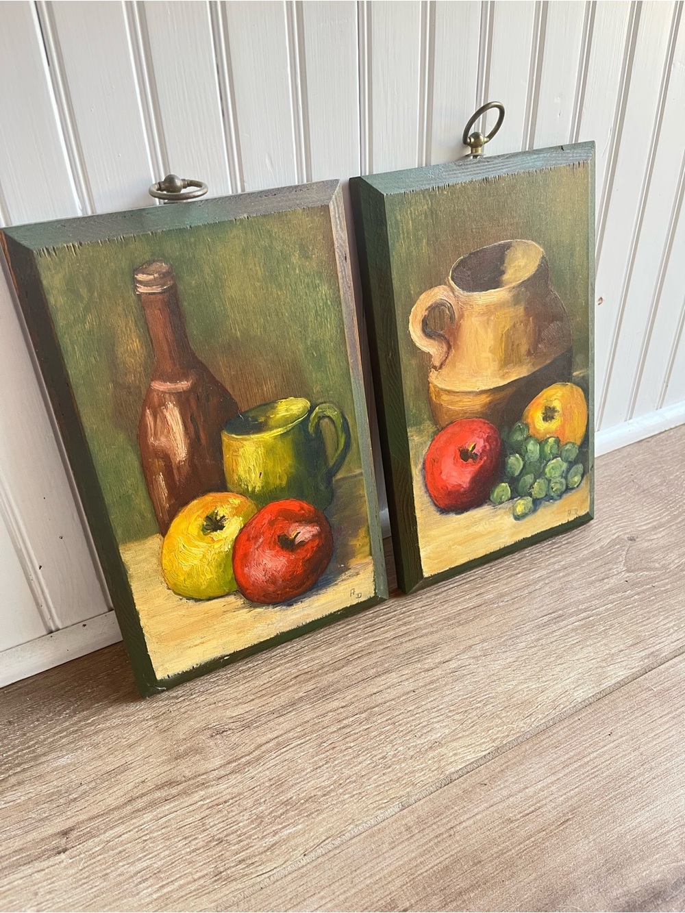 Pair of Vintage Handpainted Still Life Fruit Wood Plaques